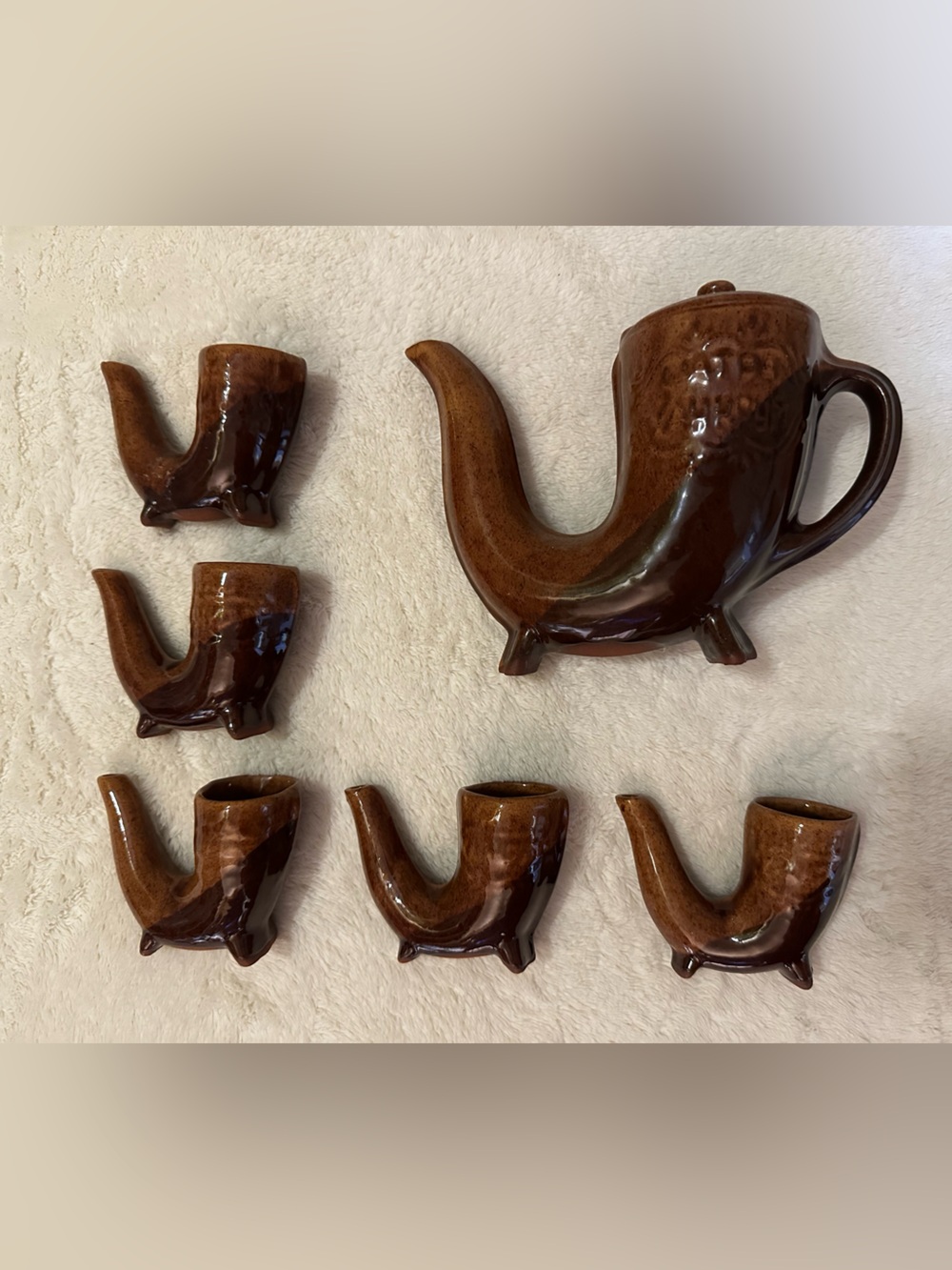 Vintage Bulgarian Ceramic Rhyton Drinking Horn Set Pitcher 6 Cups Folk Art
